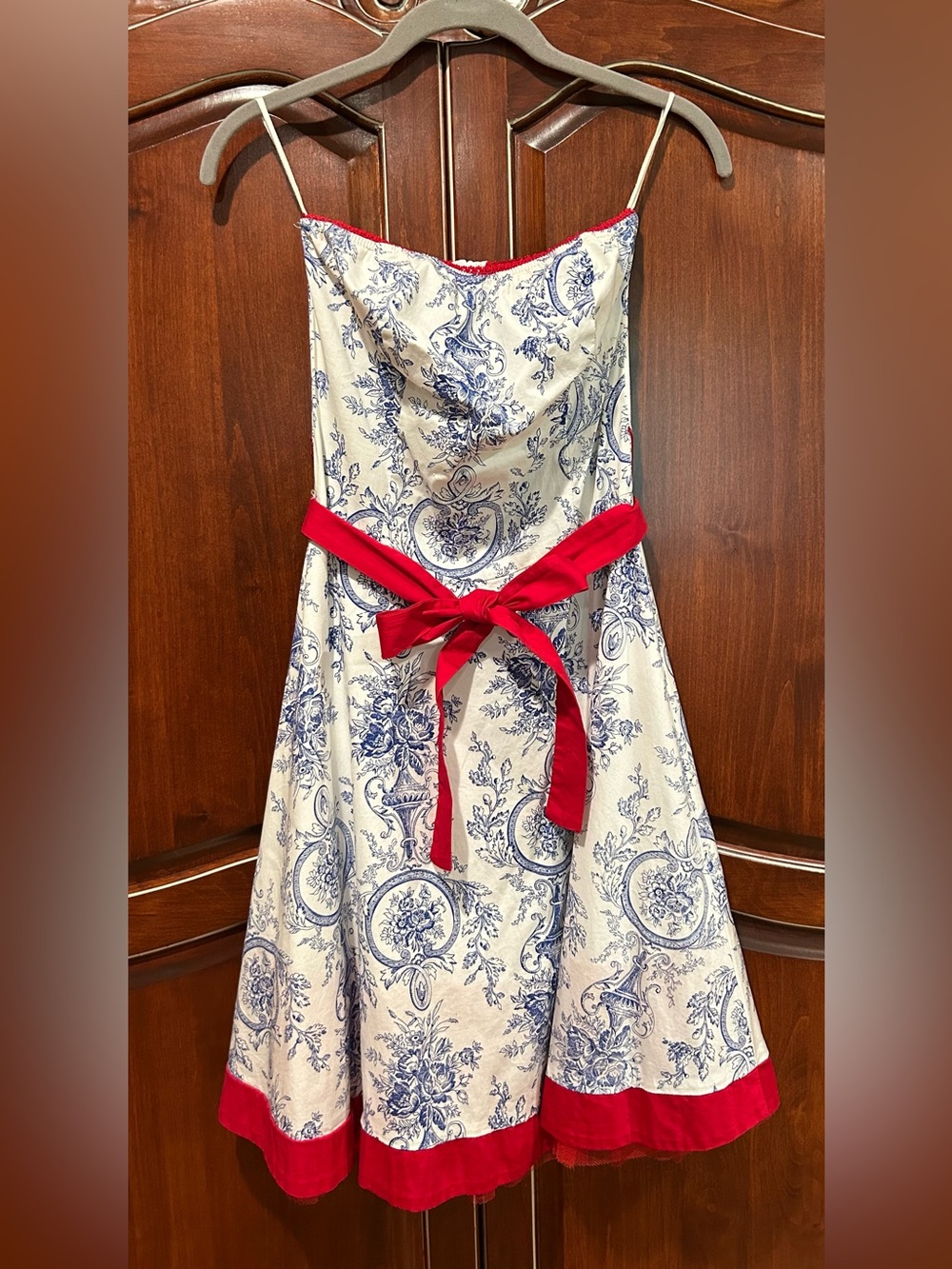 Ruby Rox Blue and White Vintage Toile style Cotton Dress with Red Tulle detail